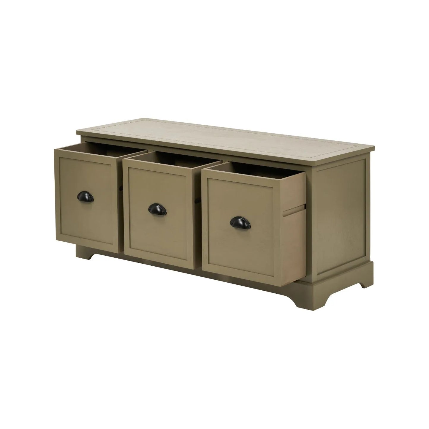 Olive Green Pine Wood Low 3 Drawer Storage Unit with Matt Black Cup Handles Angled View with All Three Drawers Open 48x107x39cm | Click Style