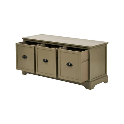 Olive Green Pine Wood Low 3 Drawer Storage Unit with Matt Black Cup Handles Angled View with All Three Drawers Open 48x107x39cm | Click Style
