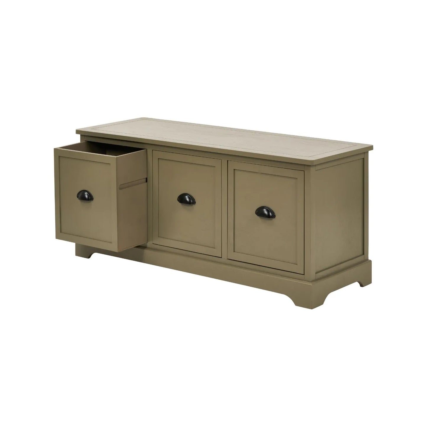 Olive Green Pine Wood Low 3 Drawer Storage Unit with Matt Black Cup Handles Angled View with One Drawer Open 48x107x39cm | Click Style