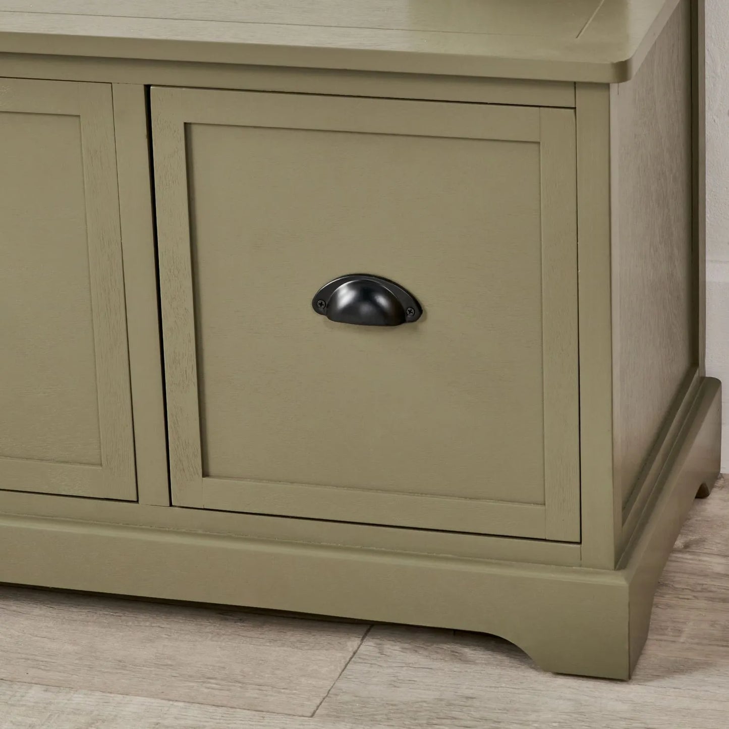 Olive Green Pine Wood Low 3 Drawer Storage Unit with Matt Black Cup Handles Close Up of Bottom Right Corner Showing Handle and Plinth Foot 48x107x39cm | Click Style