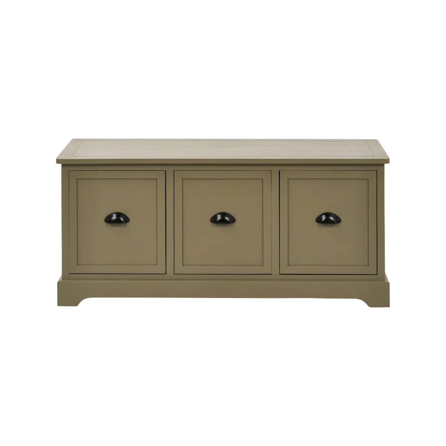 Olive Green Pine Wood Low 3 Drawer Storage Unit with Matt Black Cup Handles Front View 48x107x39cm | Click Style