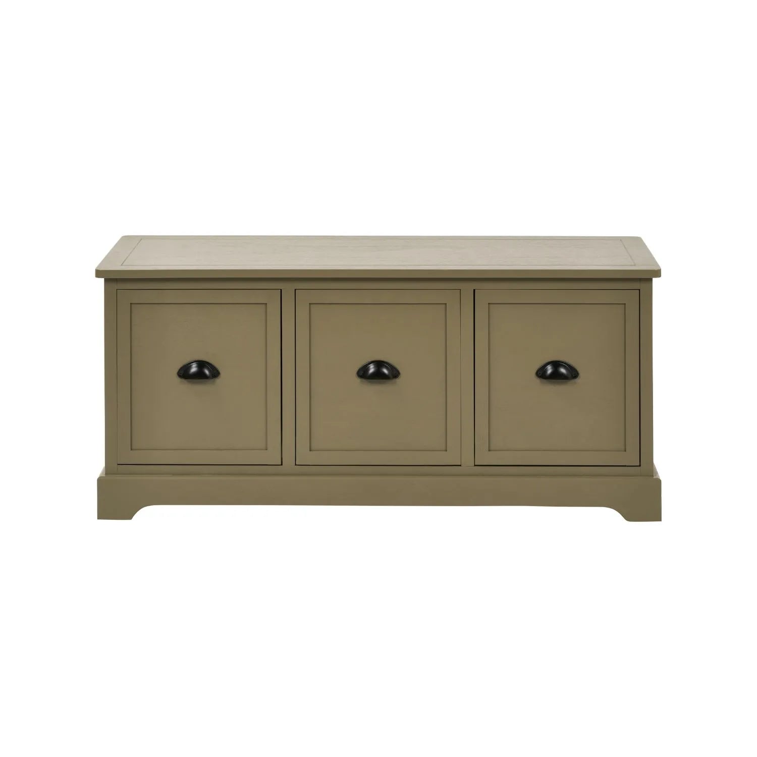 Olive Green Pine Wood Low 3 Drawer Storage Unit with Matt Black Cup Handles Front View 48x107x39cm | Click Style