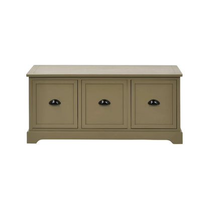 Olive Green Pine Wood Low 3 Drawer Storage Unit with Matt Black Cup Handles Front View 48x107x39cm | Click Style