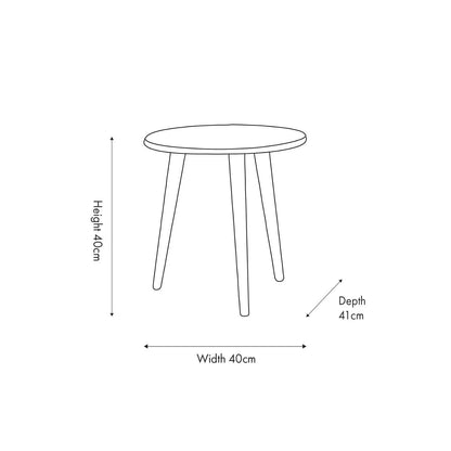 Olive Green Pine Wood Round Tripod Side Table dimension drawing showing height width and depth measurements 42x40x40cm | Click Style