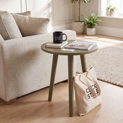 Olive Green Pine Wood Round Tripod Side Table with Click Style tote bag styled beside a beige sofa in a modern country living room 42x40x40cm | Click Style