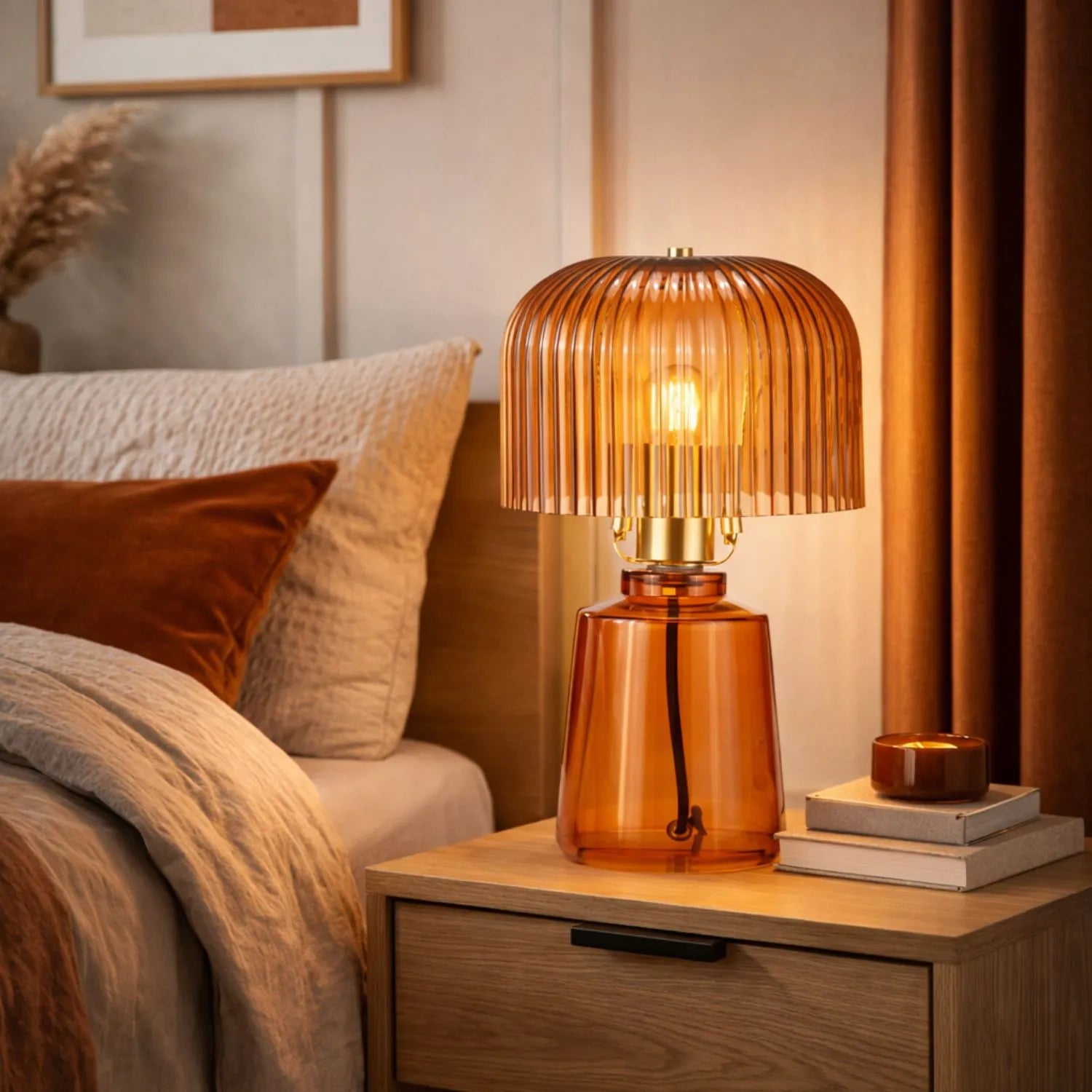 Orange Glass Table Lamp with Dome-Shaped Ribbed Amber Glass Shade & Gold Lampholder – Retro Eclectic Bedside & Side Table Light 37x20x20cm | Click Style