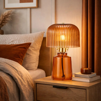 Orange Glass Table Lamp with Dome-Shaped Ribbed Amber Glass Shade & Gold Lampholder – Retro Eclectic Bedside & Side Table Light 37x20x20cm | Click Style