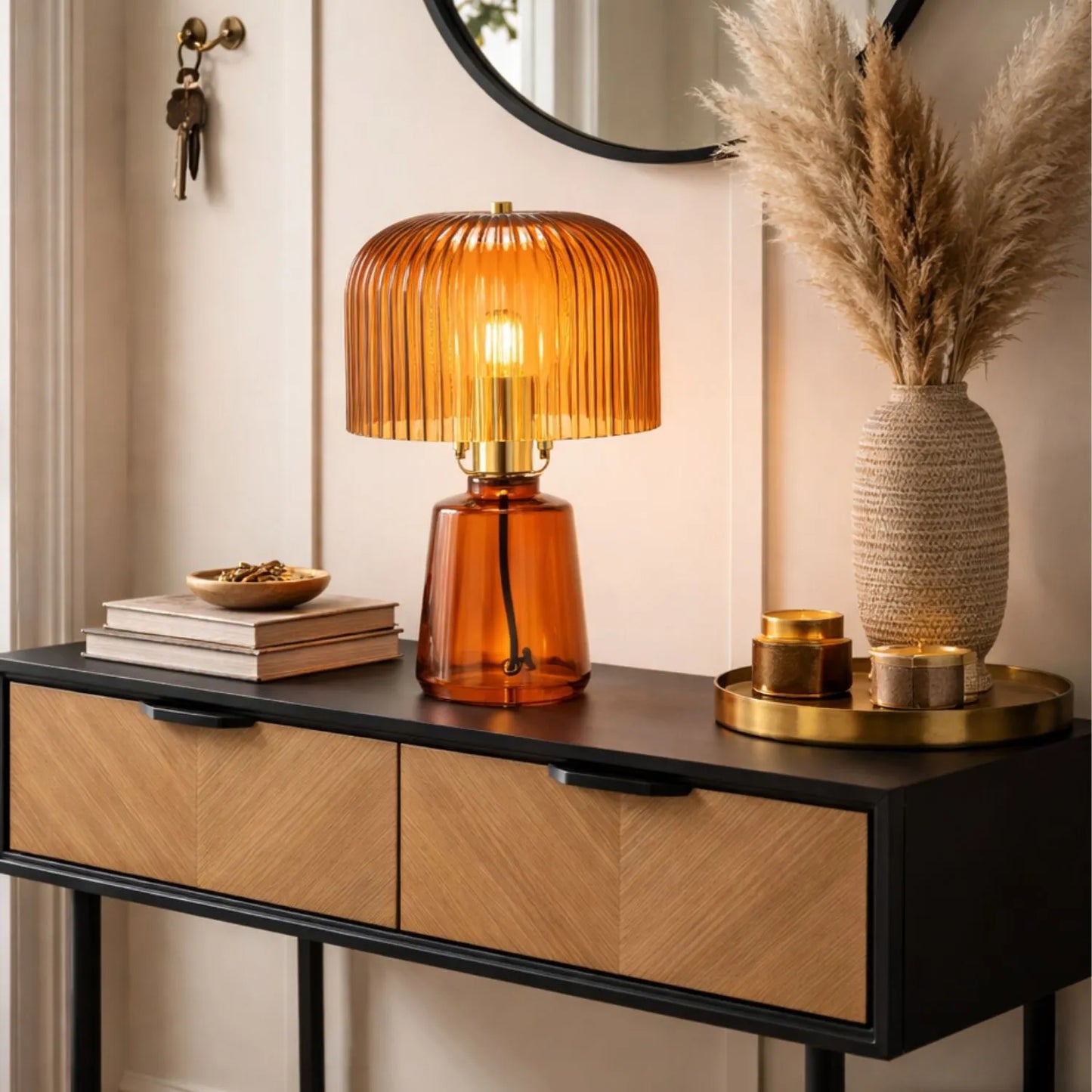 Orange Glass Table Lamp with Dome-Shaped Ribbed Amber Glass Shade & Gold Lampholder – Retro Eclectic Bedside & Side Table Light 37x20x20cm | Click Style