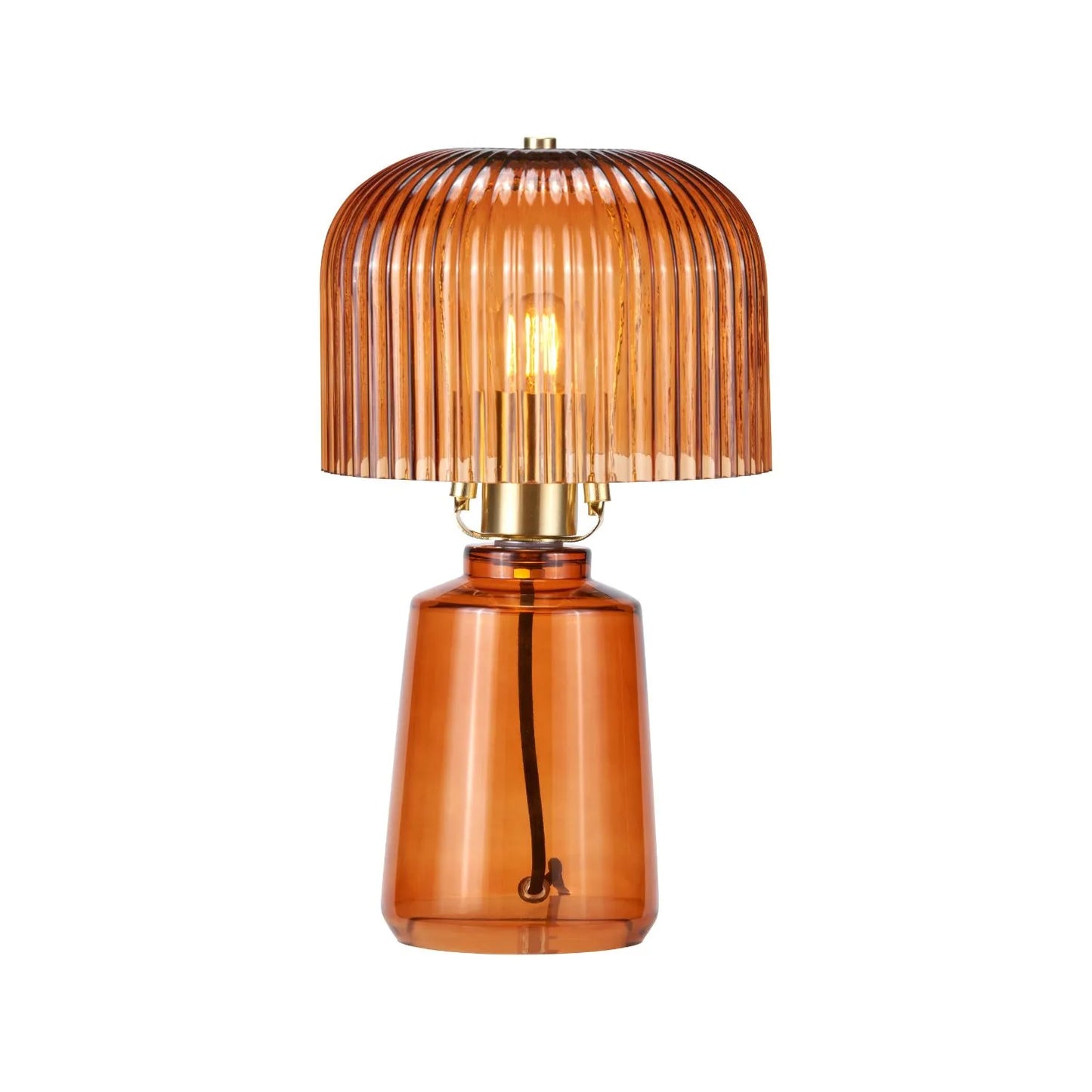 Orange Glass Table Lamp with Dome-Shaped Ribbed Amber Glass Shade & Gold Lampholder – Retro Eclectic Bedside & Side Table Light 37x20x20cm | Click Style