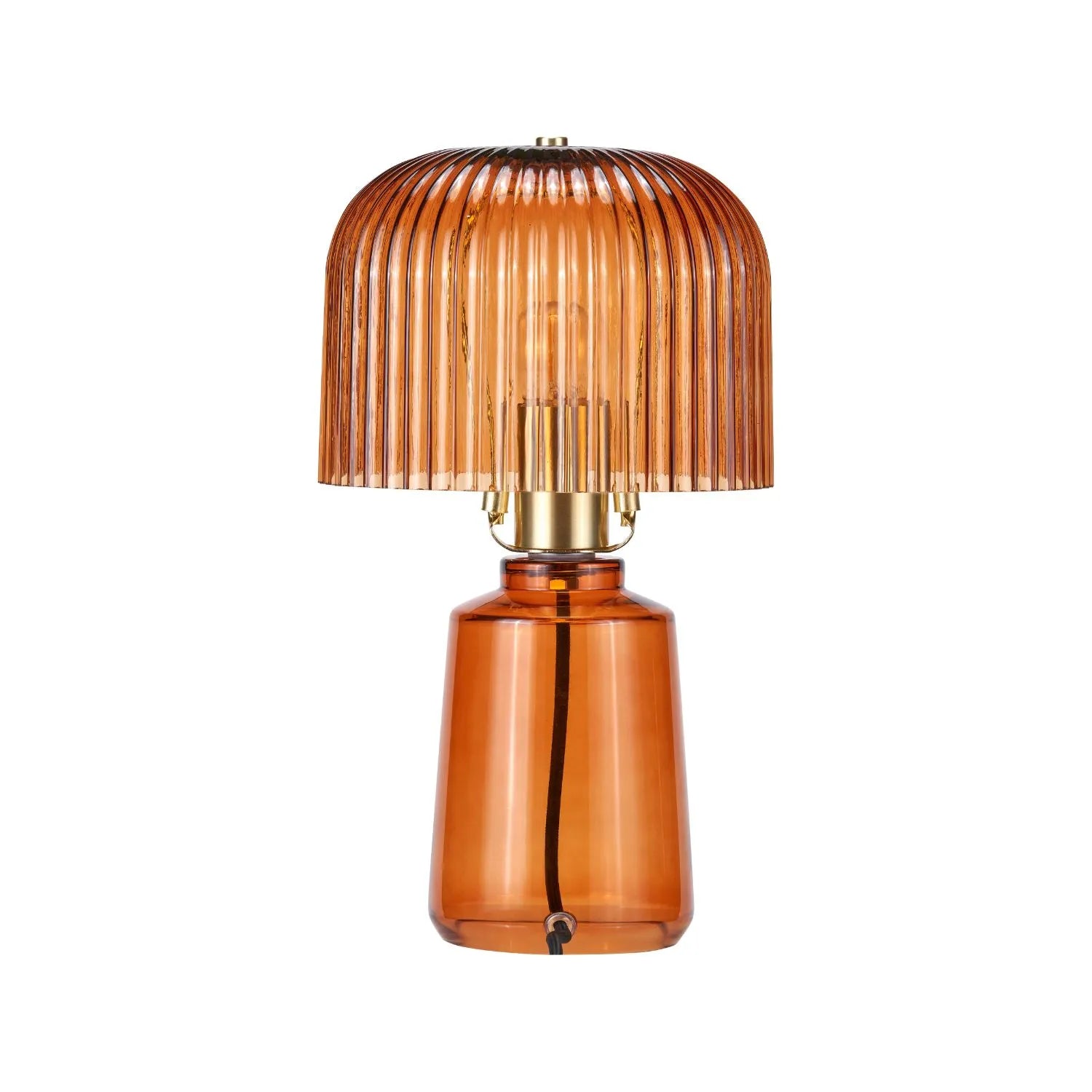 Orange Glass Table Lamp with Dome-Shaped Ribbed Amber Glass Shade & Gold Lampholder – Retro Eclectic Bedside & Side Table Light 37x20x20cm | Click Style