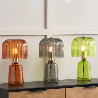 Orange Glass Table Lamp with Dome-Shaped Ribbed Amber Glass Shade & Gold Lampholder – Retro Eclectic Bedside & Side Table Light 37x20x20cm | Click Style