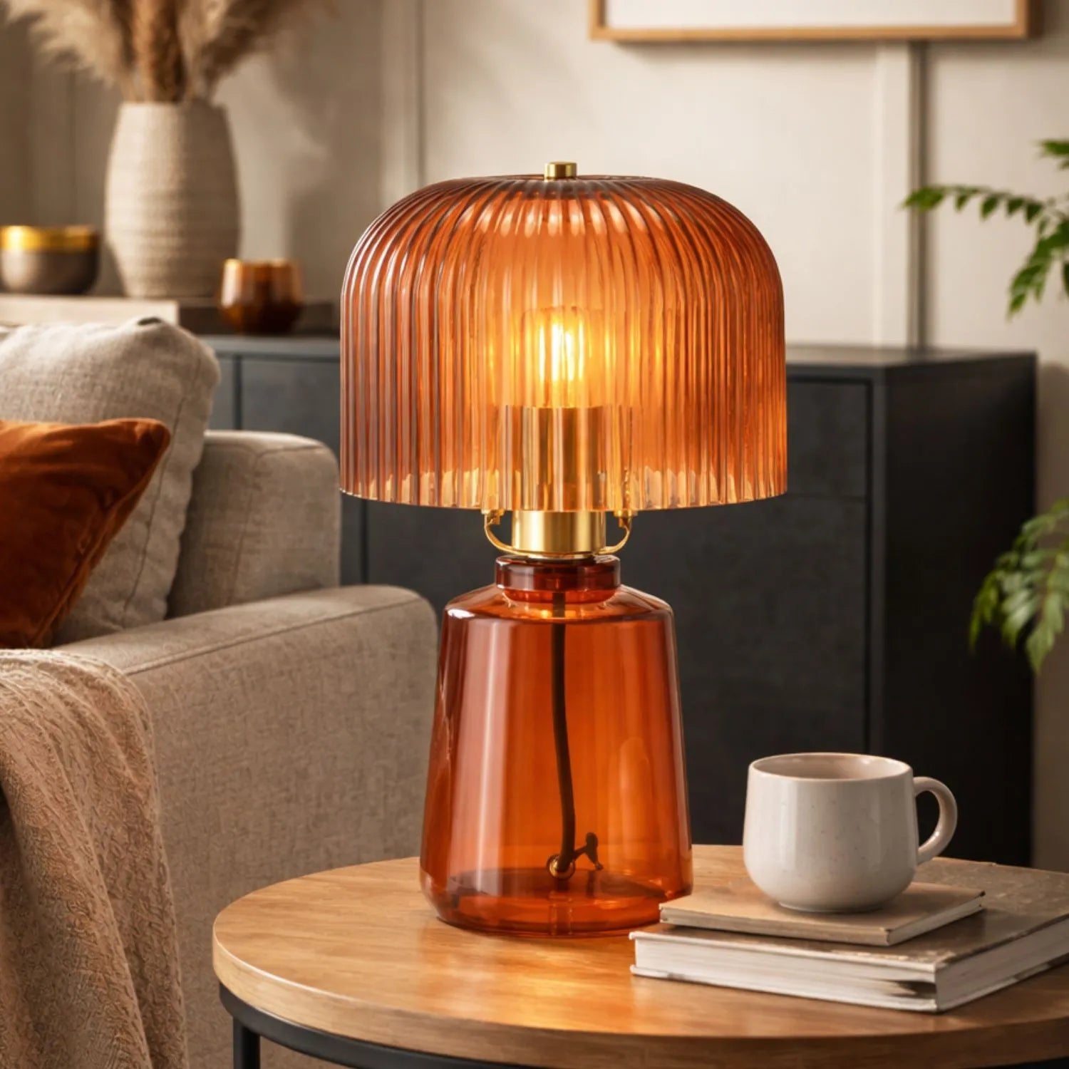 Orange Glass Table Lamp with Dome-Shaped Ribbed Amber Glass Shade & Gold Lampholder – Retro Eclectic Bedside & Side Table Light 37x20x20cm | Click Style