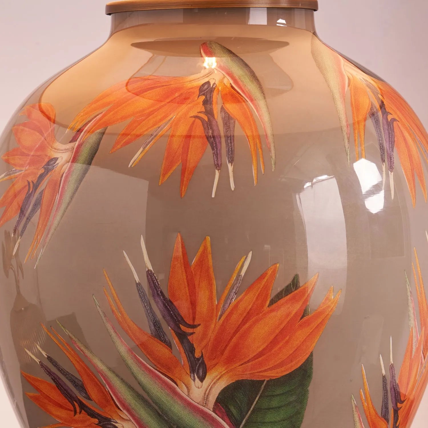 Jenny Worrall Orange & Purple Bird of Paradise & Foliage Beige Taupe & Champagne Gold Glass Table Lamp Base – Bulbous Shape & Antique Brass Collar – Handcrafted Luxury Floral Lighting 42x28x28cm | Click Style