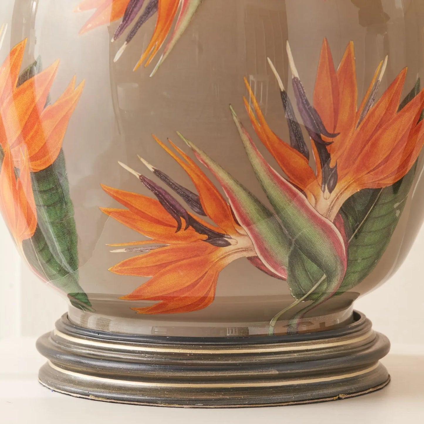 Jenny Worrall Orange & Purple Bird of Paradise & Foliage Beige Taupe & Champagne Gold Glass Table Lamp Base – Bulbous Shape & Antique Brass Collar – Handcrafted Luxury Floral Lighting 42x28x28cm | Click Style