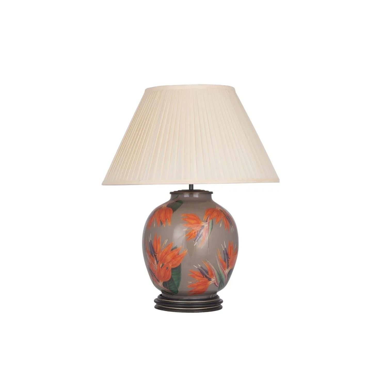 Jenny Worrall Orange & Purple Bird of Paradise & Foliage Beige Taupe & Champagne Gold Glass Table Lamp Base – Bulbous Shape & Antique Brass Collar – Handcrafted Luxury Floral Lighting 42x28x28cm | Click Style