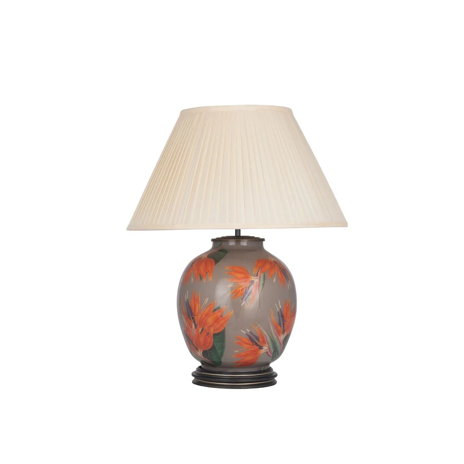 Jenny Worrall Orange & Purple Bird of Paradise & Foliage Beige Taupe & Champagne Gold Glass Table Lamp Base – Bulbous Shape & Antique Brass Collar – Handcrafted Luxury Floral Lighting 42x28x28cm | Click Style
