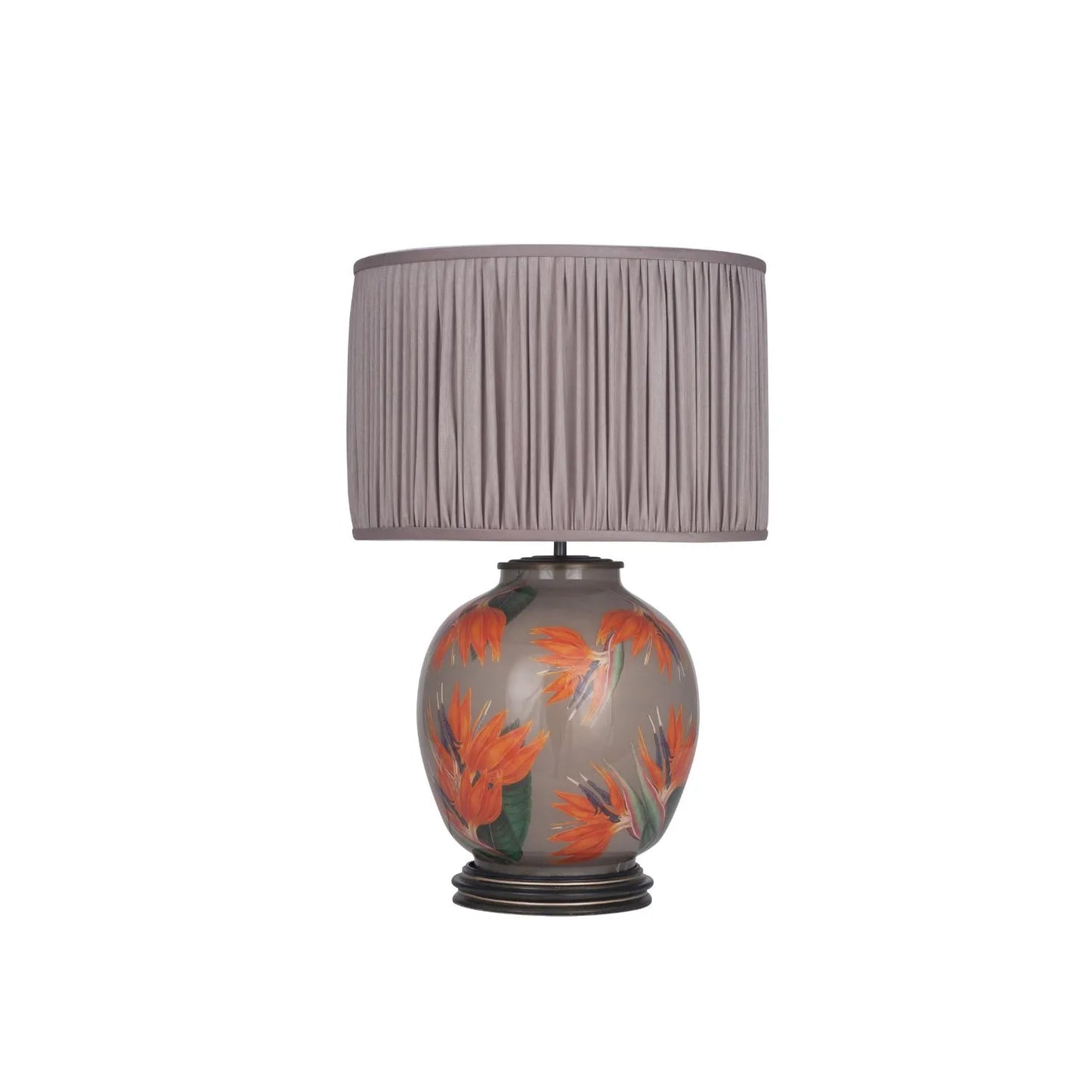 Jenny Worrall Orange & Purple Bird of Paradise & Foliage Beige Taupe & Champagne Gold Glass Table Lamp Base – Bulbous Shape & Antique Brass Collar – Handcrafted Luxury Floral Lighting 42x28x28cm | Click Style