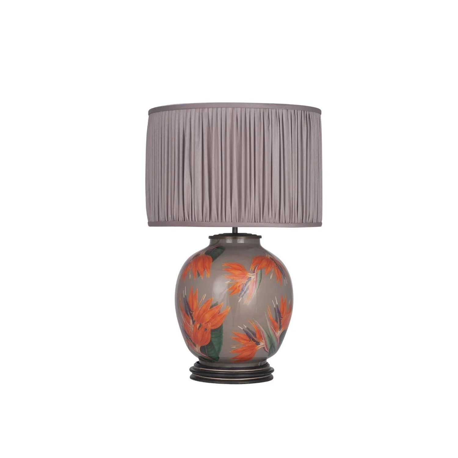 Jenny Worrall Orange & Purple Bird of Paradise & Foliage Beige Taupe & Champagne Gold Glass Table Lamp Base – Bulbous Shape & Antique Brass Collar – Handcrafted Luxury Floral Lighting 42x28x28cm | Click Style