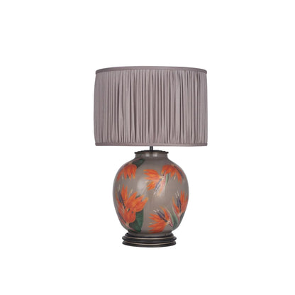 Jenny Worrall Orange & Purple Bird of Paradise & Foliage Beige Taupe & Champagne Gold Glass Table Lamp Base – Bulbous Shape & Antique Brass Collar – Handcrafted Luxury Floral Lighting 42x28x28cm | Click Style