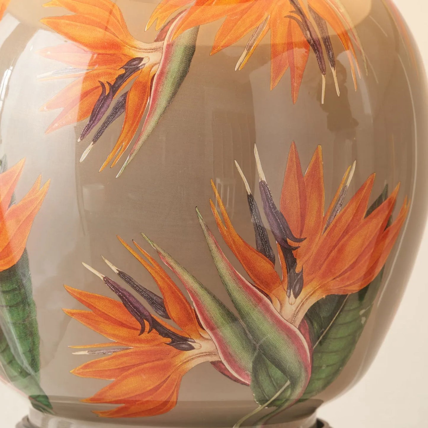 Jenny Worrall Orange & Purple Bird of Paradise & Foliage Beige Taupe & Champagne Gold Glass Table Lamp Base – Bulbous Shape & Antique Brass Collar – Handcrafted Luxury Floral Lighting 42x28x28cm | Click Style