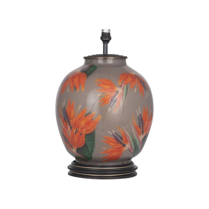 Jenny Worrall Orange & Purple Bird of Paradise & Foliage Beige Taupe & Champagne Gold Glass Table Lamp Base – Bulbous Shape & Antique Brass Collar – Handcrafted Luxury Floral Lighting 42x28x28cm | Click Style