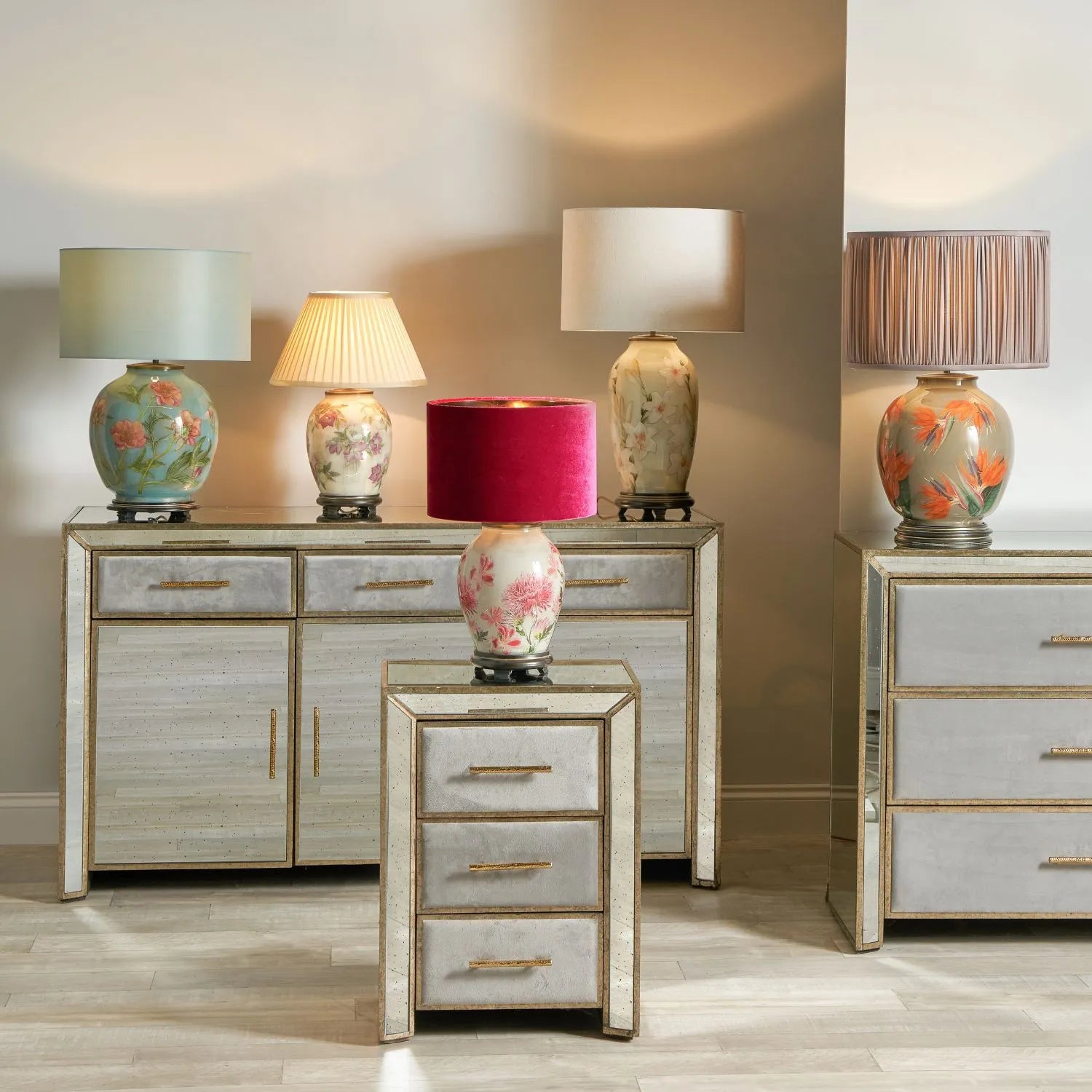 Jenny Worrall Orange & Purple Bird of Paradise & Foliage Beige Taupe & Champagne Gold Glass Table Lamp Base – Bulbous Shape & Antique Brass Collar – Handcrafted Luxury Floral Lighting 42x28x28cm | Click Style