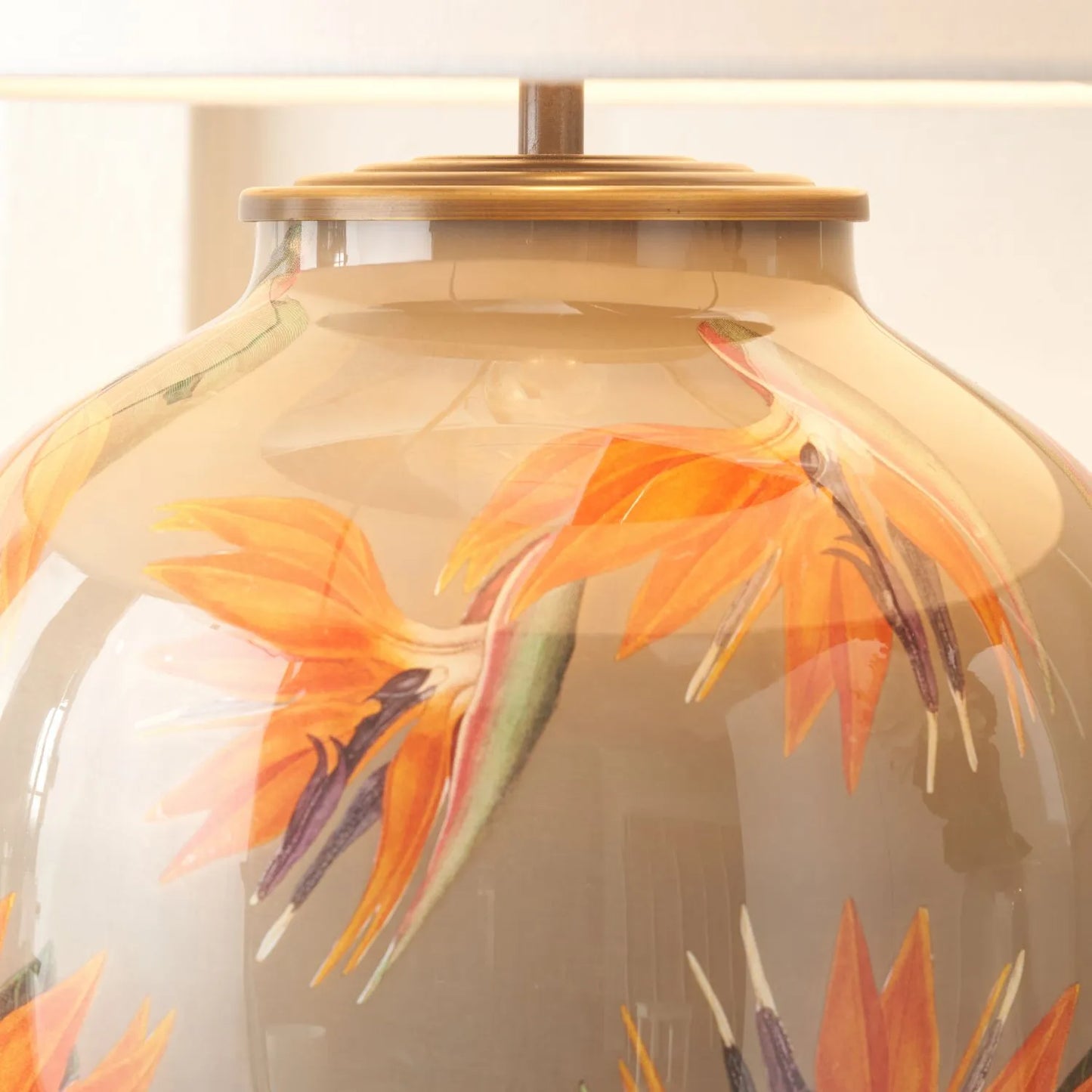 Jenny Worrall Orange & Purple Bird of Paradise & Foliage Beige Taupe & Champagne Gold Glass Table Lamp Base – Bulbous Shape & Antique Brass Collar – Handcrafted Luxury Floral Lighting 42x28x28cm | Click Style