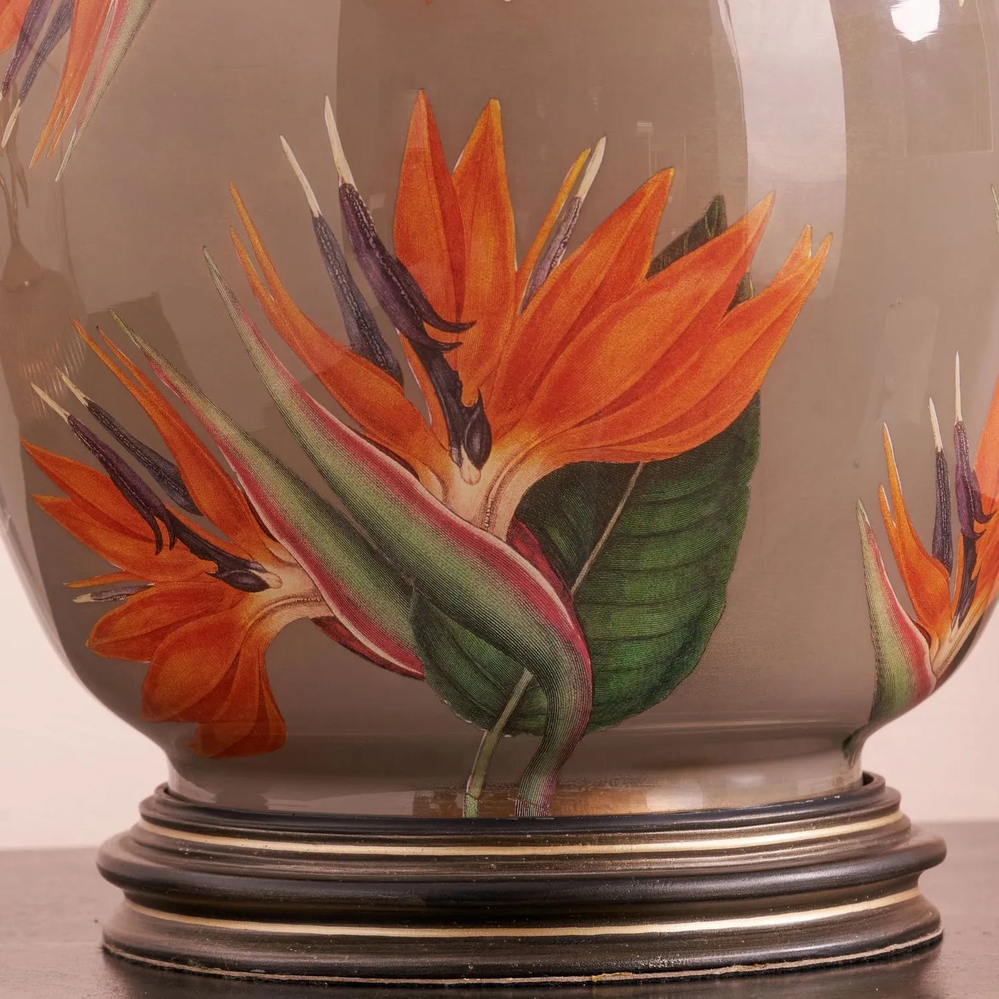 Jenny Worrall Orange & Purple Bird of Paradise & Foliage Beige Taupe & Champagne Gold Glass Table Lamp Base – Bulbous Shape & Antique Brass Collar – Handcrafted Luxury Floral Lighting 42x28x28cm | Click Style