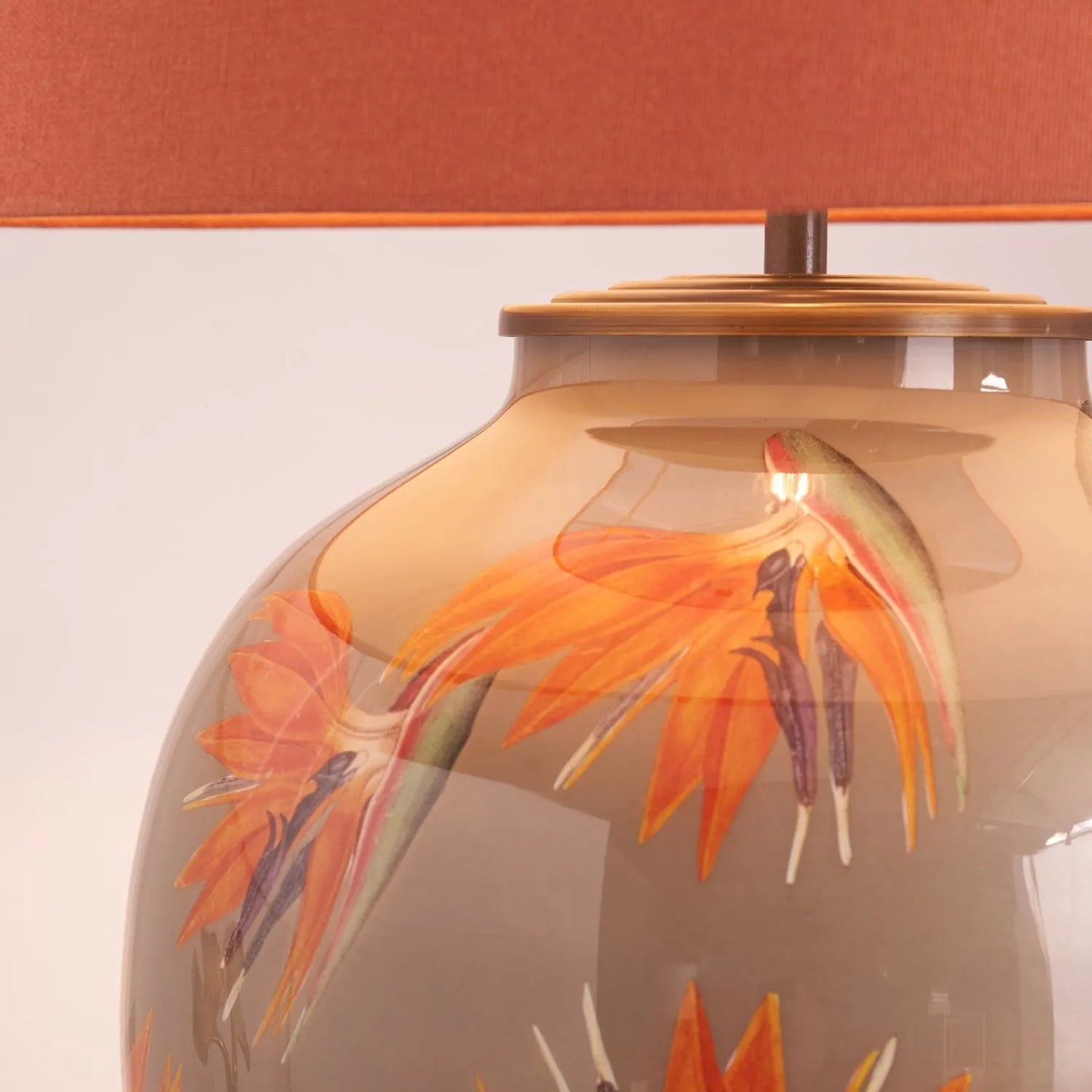 Jenny Worrall Orange & Purple Bird of Paradise & Foliage Beige Taupe & Champagne Gold Glass Table Lamp Base – Bulbous Shape & Antique Brass Collar – Handcrafted Luxury Floral Lighting 42x28x28cm | Click Style
