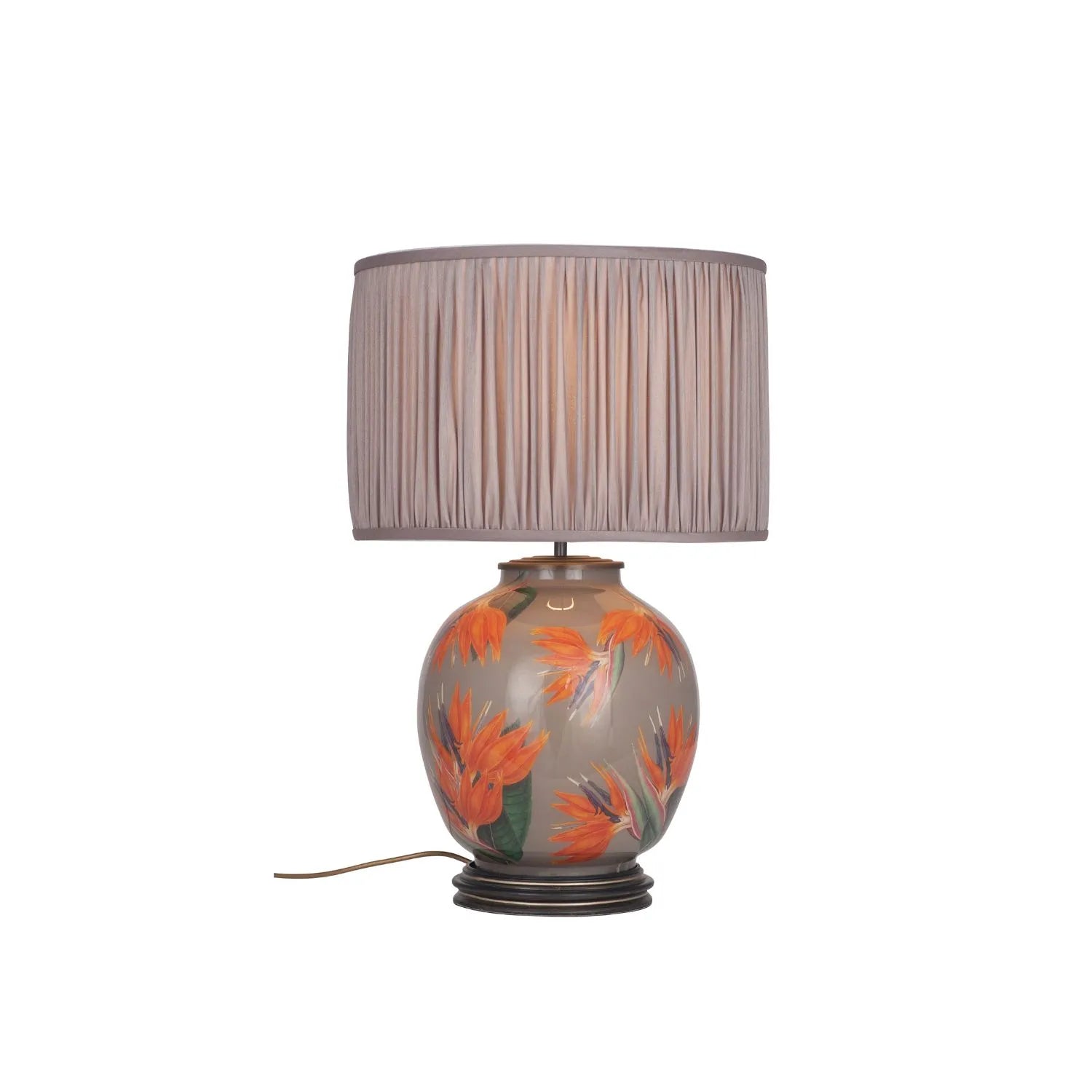 Jenny Worrall Orange & Purple Bird of Paradise & Foliage Beige Taupe & Champagne Gold Glass Table Lamp Base – Bulbous Shape & Antique Brass Collar – Handcrafted Luxury Floral Lighting 42x28x28cm | Click Style