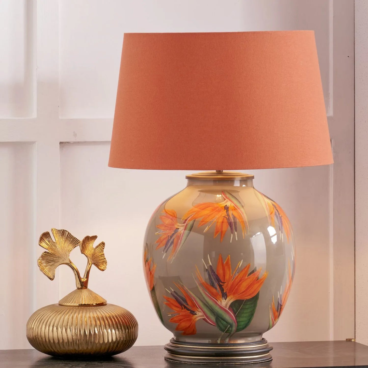 Jenny Worrall Orange & Purple Bird of Paradise & Foliage Beige Taupe & Champagne Gold Glass Table Lamp Base – Bulbous Shape & Antique Brass Collar – Handcrafted Luxury Floral Lighting 42x28x28cm | Click Style