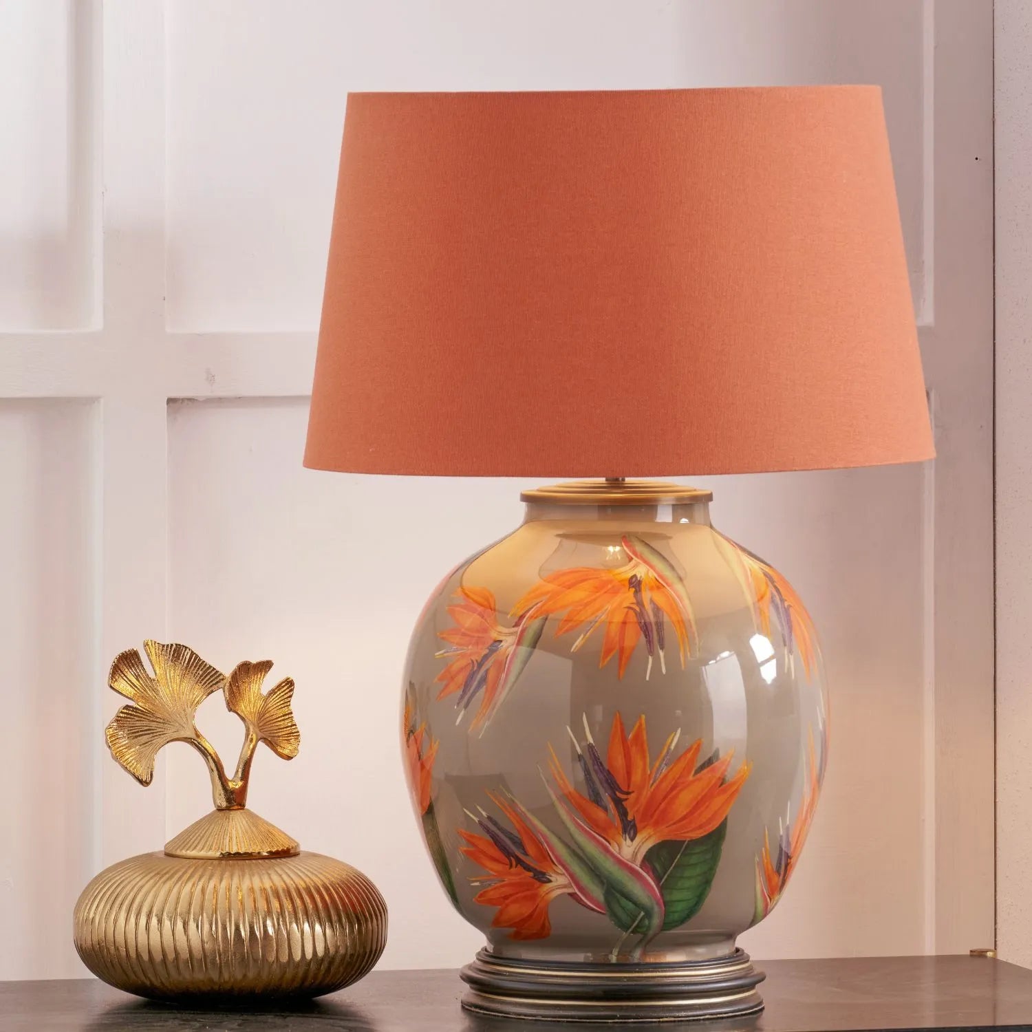 Jenny Worrall Orange & Purple Bird of Paradise & Foliage Beige Taupe & Champagne Gold Glass Table Lamp Base – Bulbous Shape & Antique Brass Collar – Handcrafted Luxury Floral Lighting 42x28x28cm | Click Style