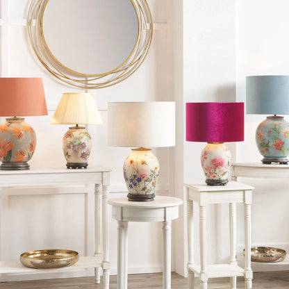 Jenny Worrall Orange & Purple Bird of Paradise & Foliage Beige Taupe & Champagne Gold Glass Table Lamp Base – Bulbous Shape & Antique Brass Collar – Handcrafted Luxury Floral Lighting 42x28x28cm | Click Style