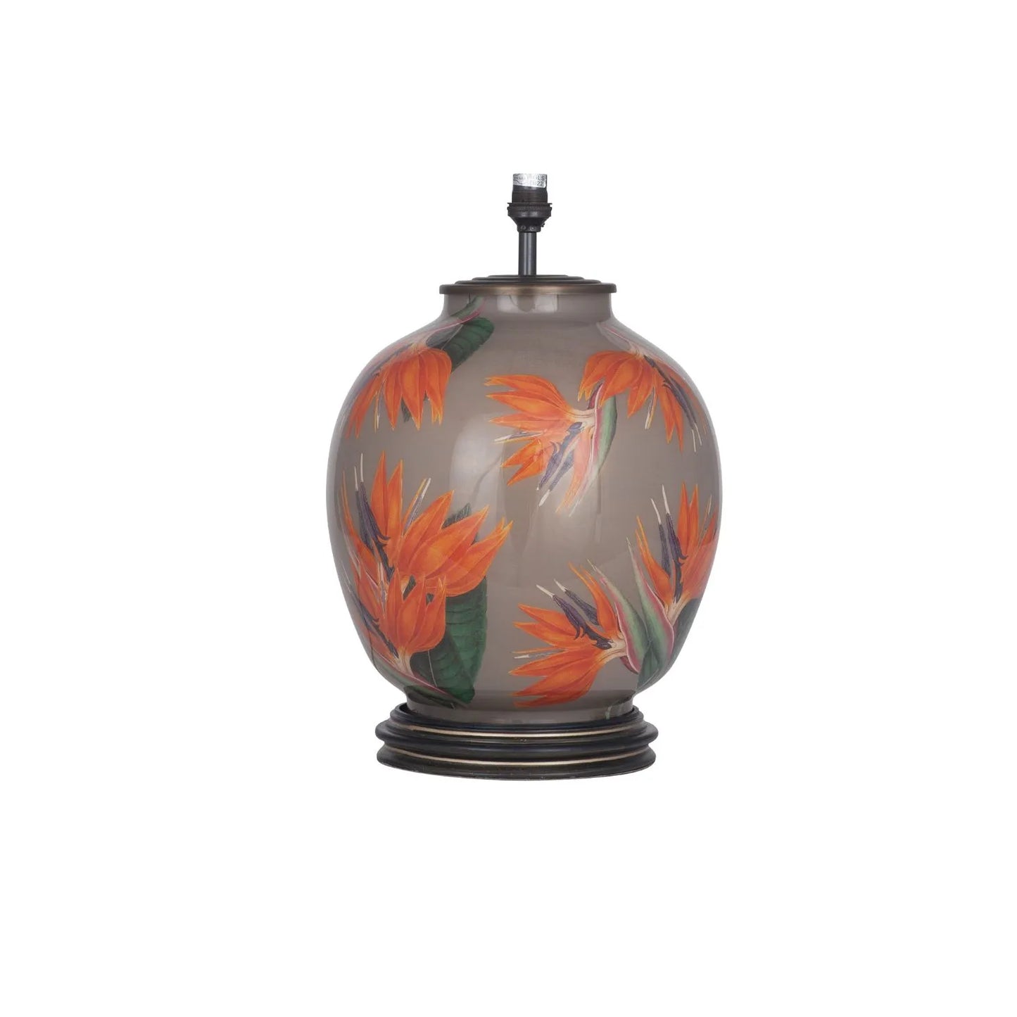 Jenny Worrall Orange & Purple Bird of Paradise & Foliage Beige Taupe & Champagne Gold Glass Table Lamp Base – Bulbous Shape & Antique Brass Collar – Handcrafted Luxury Floral Lighting 42x28x28cm | Click Style