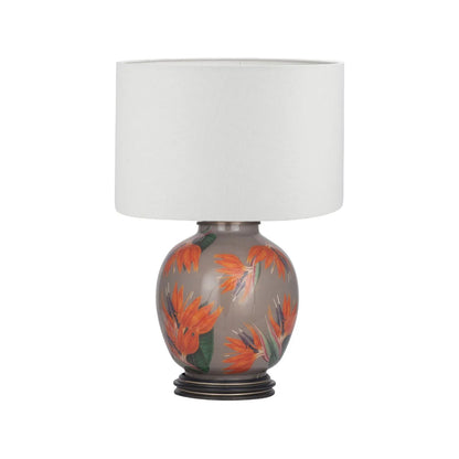 Jenny Worrall Orange & Purple Bird of Paradise & Foliage Beige Taupe & Champagne Gold Glass Table Lamp Base – Bulbous Shape & Antique Brass Collar – Handcrafted Luxury Floral Lighting 42x28x28cm | Click Style