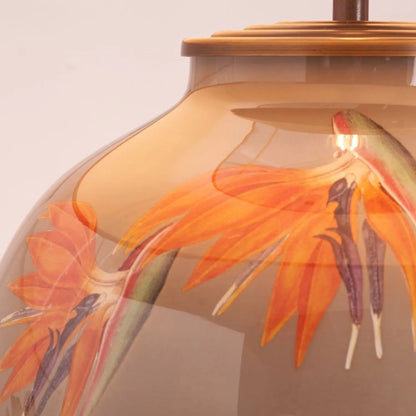 Jenny Worrall Orange & Purple Bird of Paradise Glass Table Lamp with White Linen Shade | Click Style