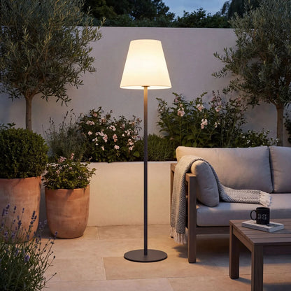 Outdoor Grey Rechargeable LED Floor Lamp with Dimmable & Colour-Changing Settings – Weather-Resistant Garden Light 153x35x35cm glowing warm white beside contemporary outdoor seating in a landscaped garden at dusk | Click Style