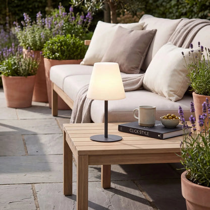 Outdoor Grey Rechargeable LED Table Lamp with Dimmable & Colour-Changing Settings – Weather-Resistant Garden Light 50x24x24cm on an outdoor side table in a lavender garden setting in warm white light mode | Click Style