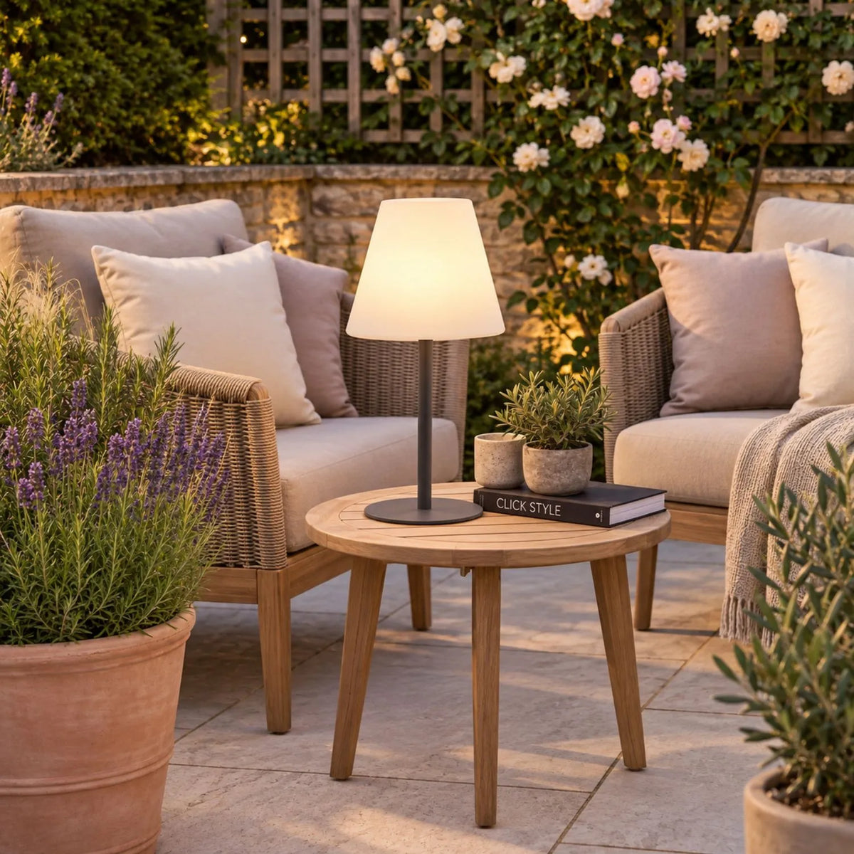 Outdoor Grey Rechargeable LED Table Lamp with Dimmable & Colour-Changing Settings – Weather-Resistant Garden Light 50x24x24cm on a garden side table in a relaxed outdoor seating area in warm white light mode | Click Style