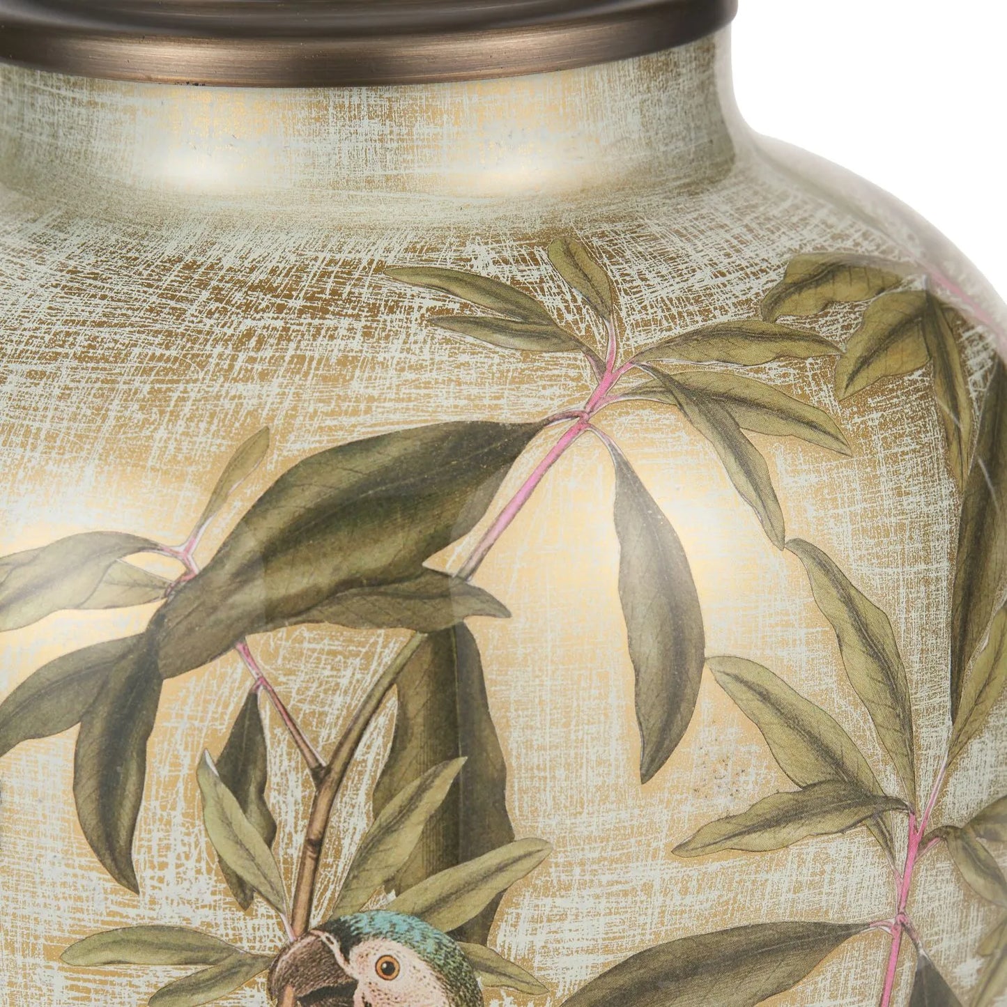 Jenny Worrall Quirky Parrots Distressed Gold & Off-White Glass Table Lamp Base with Bulbous Shape & Raised Antique Brass Feet – Handcrafted Tropical Bird & Leaf Foliage Lighting 30x16x16cm | Click Style