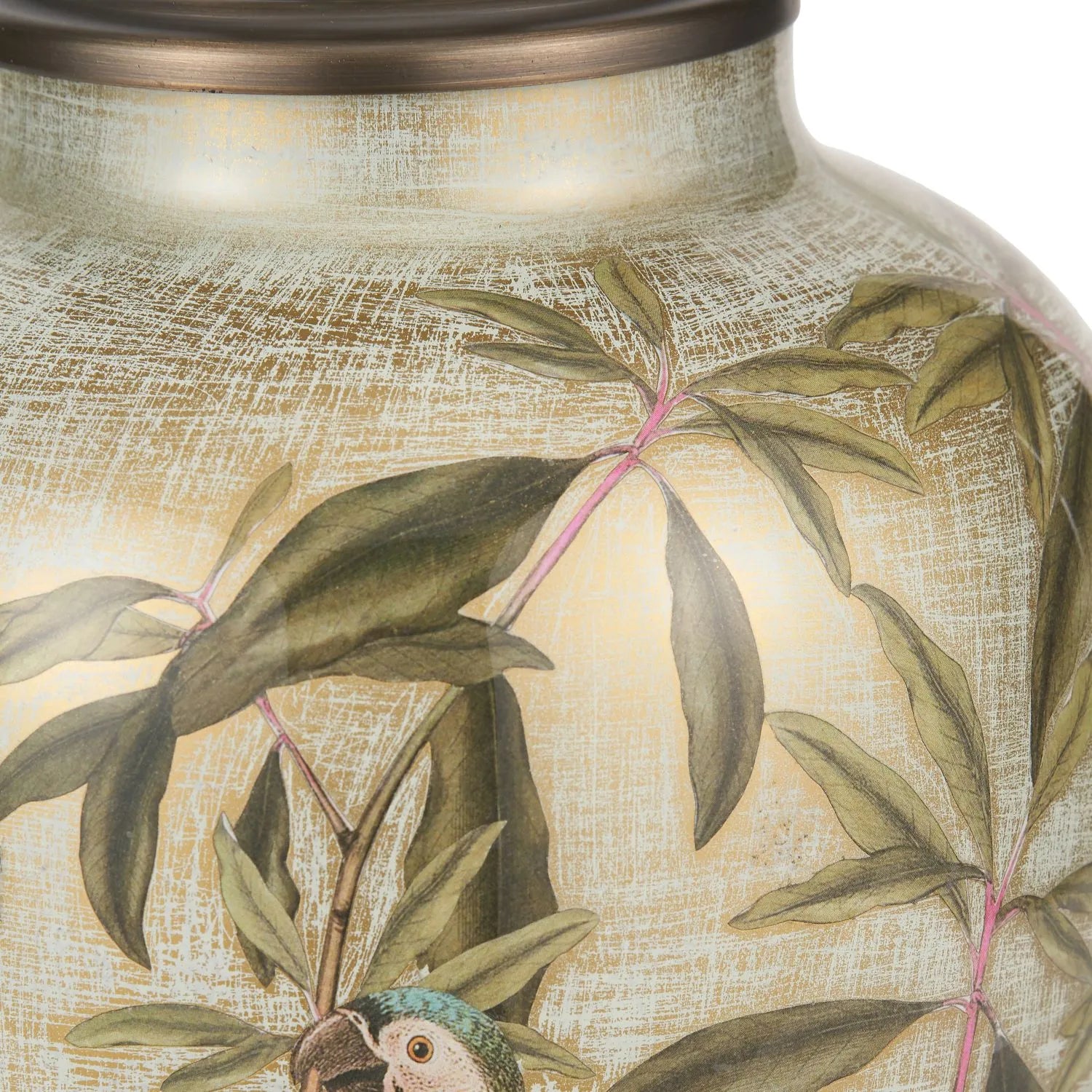 Jenny Worrall Quirky Parrots Distressed Gold & Off-White Glass Table Lamp Base with Bulbous Shape & Raised Antique Brass Feet – Handcrafted Tropical Bird & Leaf Foliage Lighting 30x16x16cm | Click Style