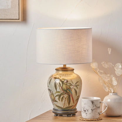 Jenny Worrall Quirky Parrots Distressed Gold & Off-White Glass Table Lamp Base with Bulbous Shape & Raised Antique Brass Feet – Handcrafted Tropical Bird & Leaf Foliage Lighting 30x16x16cm | Click Style