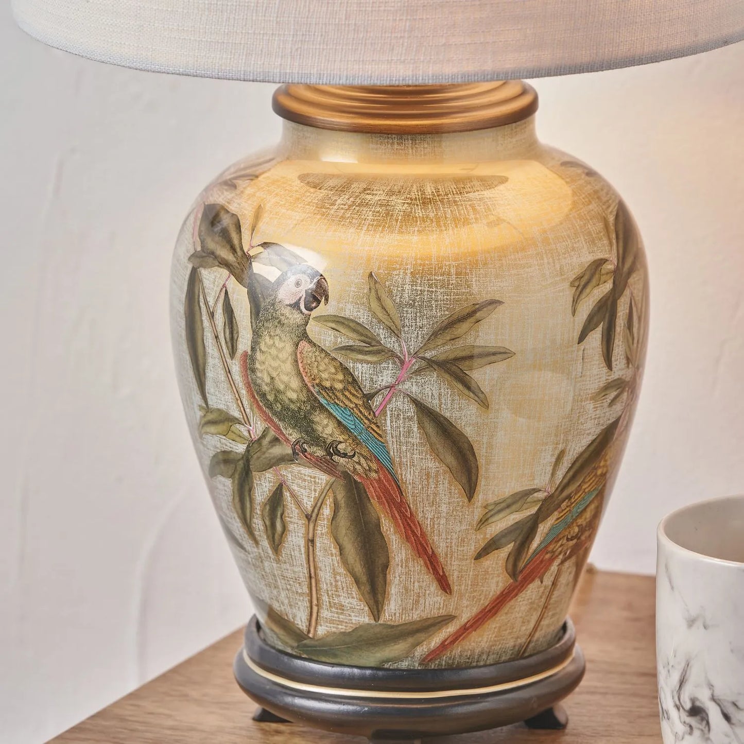 Jenny Worrall Quirky Parrots Distressed Gold & Off-White Glass Table Lamp Base with Bulbous Shape & Raised Antique Brass Feet – Handcrafted Tropical Bird & Leaf Foliage Lighting 30x16x16cm | Click Style