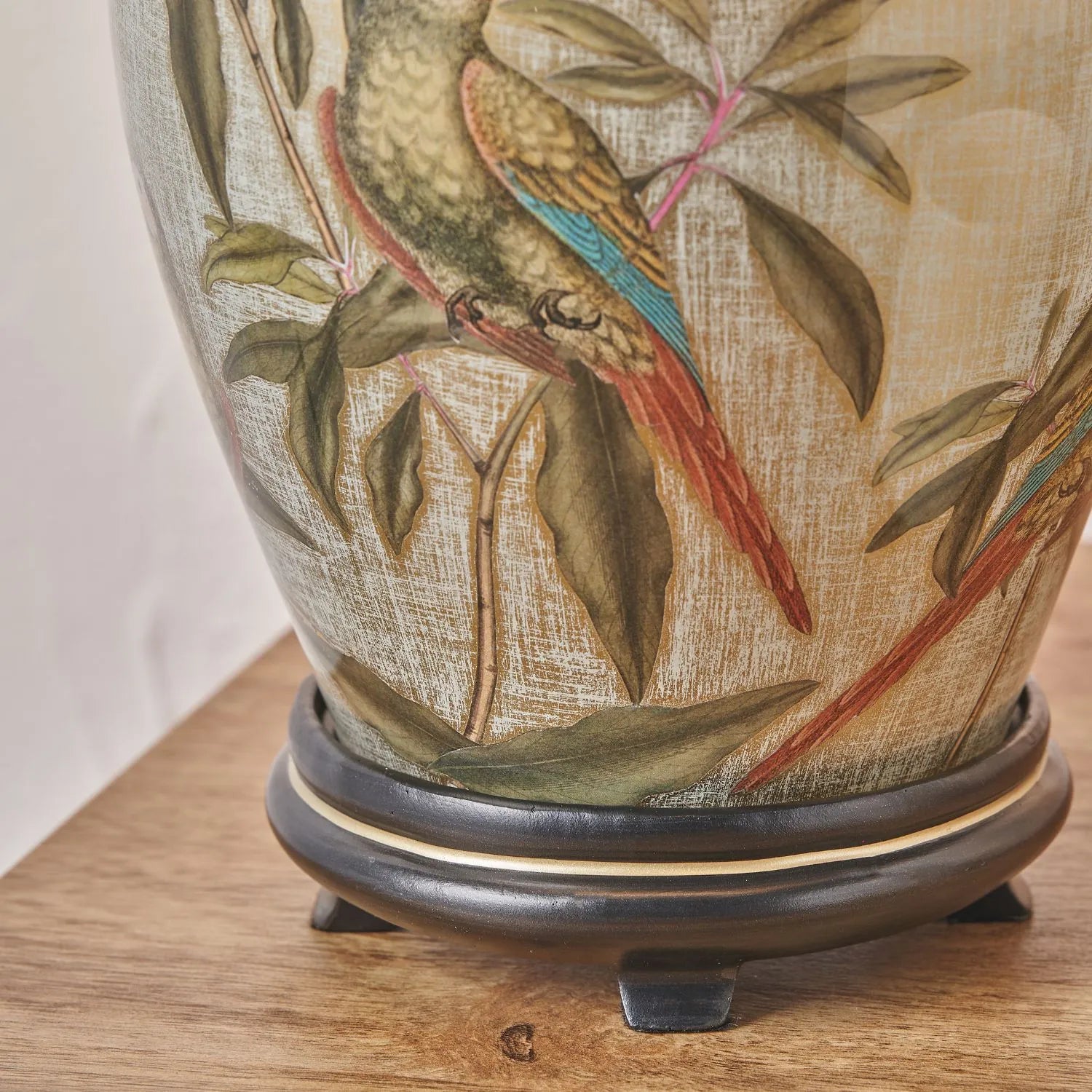 Jenny Worrall Quirky Parrots Distressed Gold & Off-White Glass Table Lamp Base with Bulbous Shape & Raised Antique Brass Feet – Handcrafted Tropical Bird & Leaf Foliage Lighting 30x16x16cm | Click Style