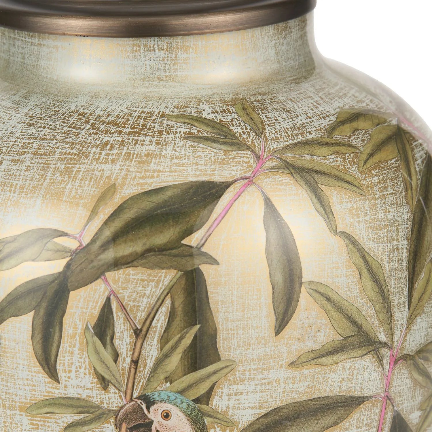 Jenny Worrall Parrots Distressed Gold & Off-White Glass Table Lamp with White Linen Shade – Tropical Bird & Leaf Foliage Lighting 40cm | Click Style