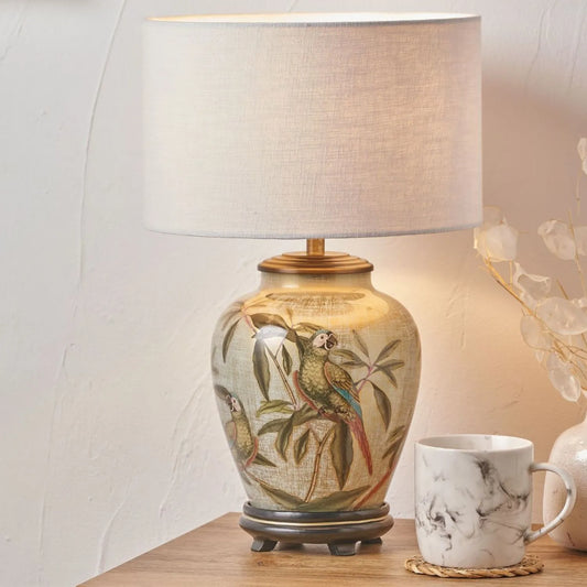 Jenny Worrall Parrots Distressed Gold & Off-White Glass Table Lamp with White Linen Shade – Tropical Bird & Leaf Foliage Lighting 40cm | Click Style