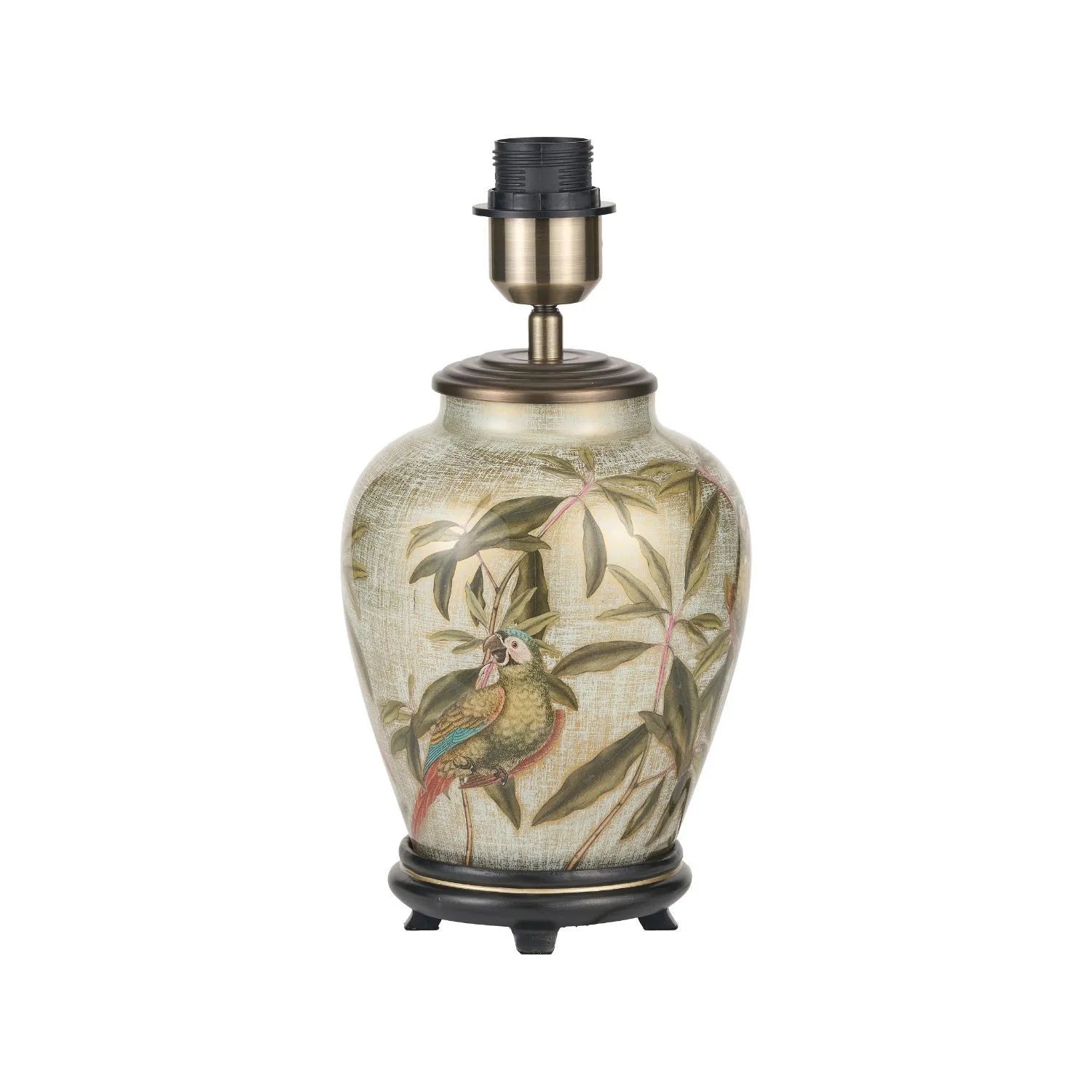 Jenny Worrall Parrots Distressed Gold & Off-White Glass Table Lamp with White Linen Shade – Tropical Bird & Leaf Foliage Lighting 40cm | Click Style