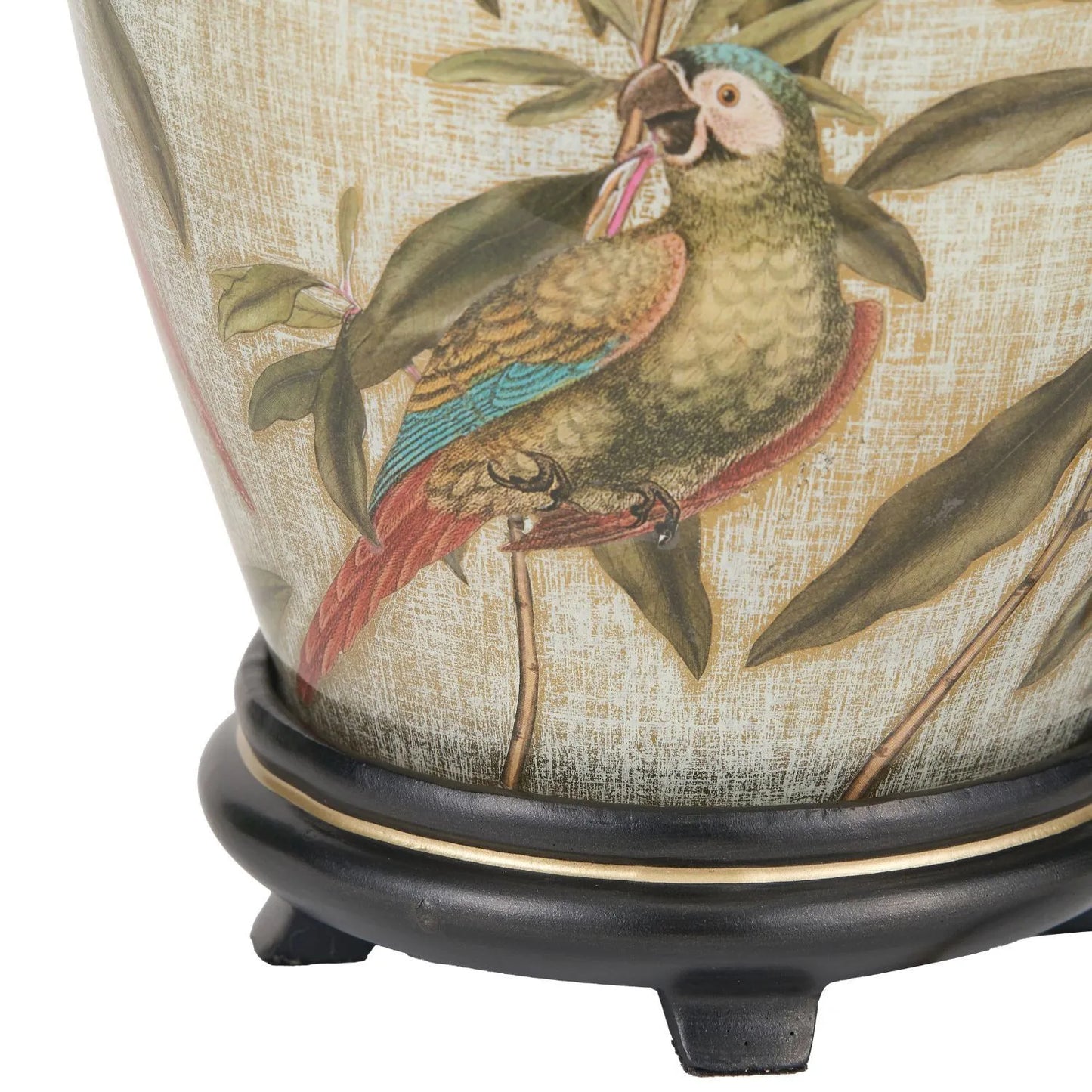 Jenny Worrall Parrots Distressed Gold & Off-White Glass Table Lamp with White Linen Shade – Tropical Bird & Leaf Foliage Lighting 40cm | Click Style