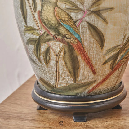 Jenny Worrall Parrots Distressed Gold & Off-White Glass Table Lamp with White Linen Shade – Tropical Bird & Leaf Foliage Lighting 40cm | Click Style