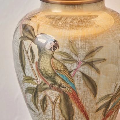 Jenny Worrall Parrots Distressed Gold & Off-White Glass Table Lamp with White Linen Shade – Tropical Bird & Leaf Foliage Lighting 40cm | Click Style